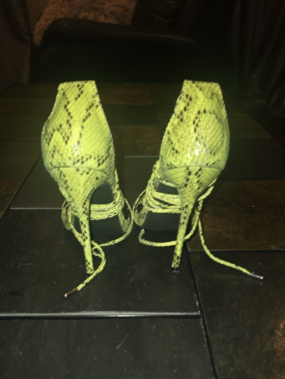 Cape Robbin Neon Lime Snake-Print Lace-Up Heels - Picture 3 of 5